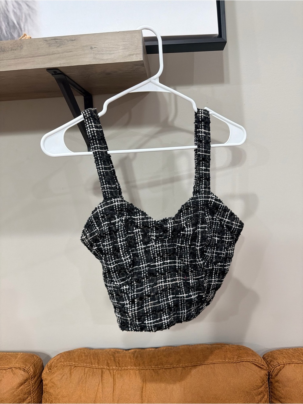 Japna Black and White Plaid Cropped Cami with Wide Straps
